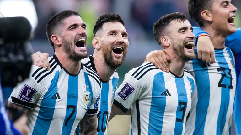 Lionel Messi and his team-mates sing 'Muchachos' after the win over Crotia