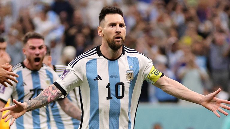 Lionel Messi celebrates after doubling Argentina's lead over the Netherlands