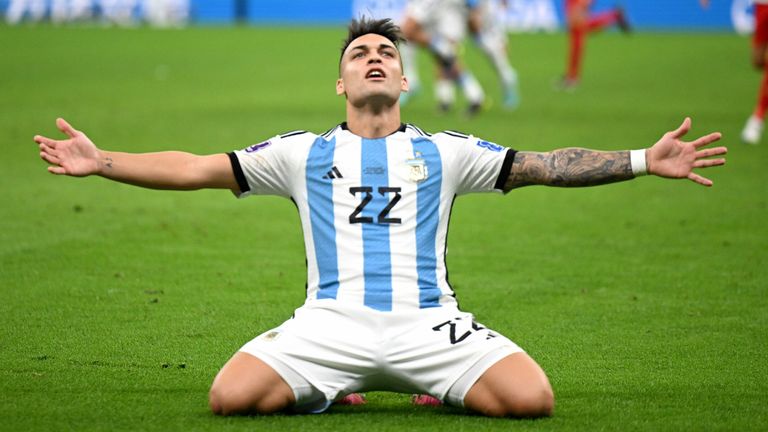 Lautaro Martinez celebrates after scoring the decisive penalty to send Argentina into the World Cup semi-finals