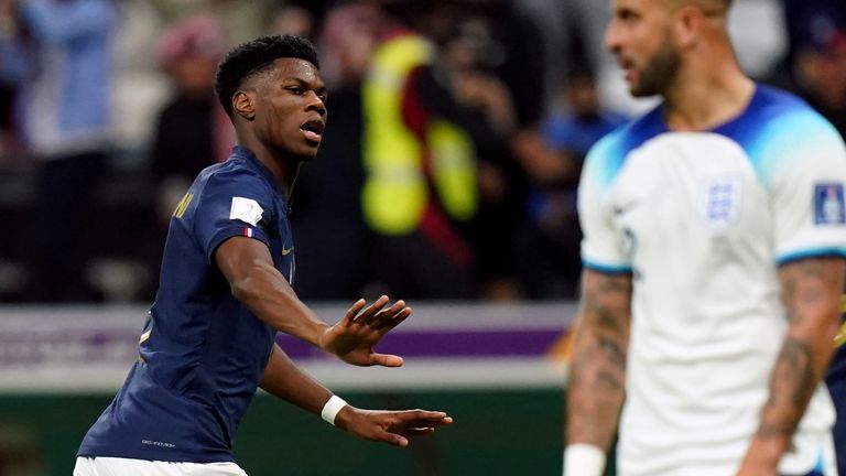 Aurelien Tchouameni celebrates scoring the opening goal