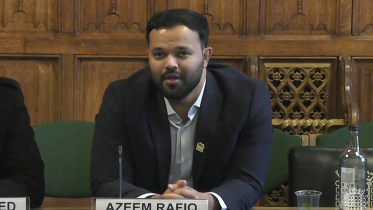 Former Yorkshire County Cricket Club cricketer Azeem Rafiq in front of the Digital, Culture, Media and Sport Committee at the House of Commons, London, on the subject of racism in cricket. Picture date: Tuesday December 13, 2022.

