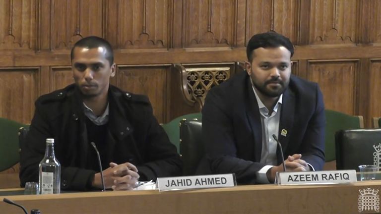 Former Essex County Cricket Club cricketer Jahid Ahmed and former Yorkshire County Cricket Club cricketer Azeem Rafiq in front of the Digital, Culture, Media and Sport Committee at the House of Commons, London, on the subject of racism in cricket. Picture date: Tuesday December 13, 2022.

