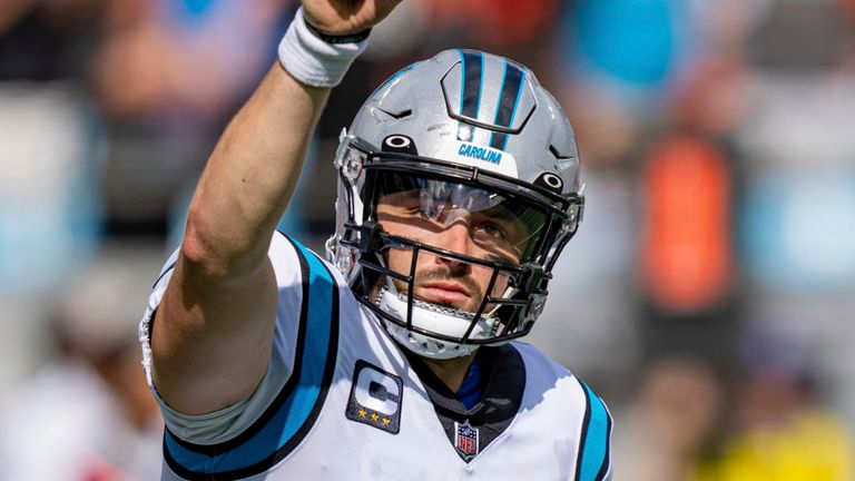 Carolina Panthers quarterback Baker Mayfield (6) celebrates during an NFL football game against the Cleveland Browns on Sunday, Sept. 11, 2022, in Charlotte, N.C. (AP Photo/Jacob Kupferman)