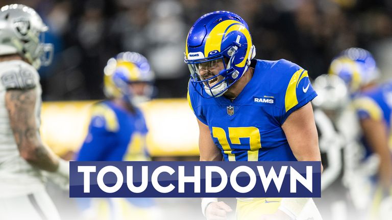 Los Angeles Rams quarterback Baker Mayfield (17) reacts on his touchdown pass