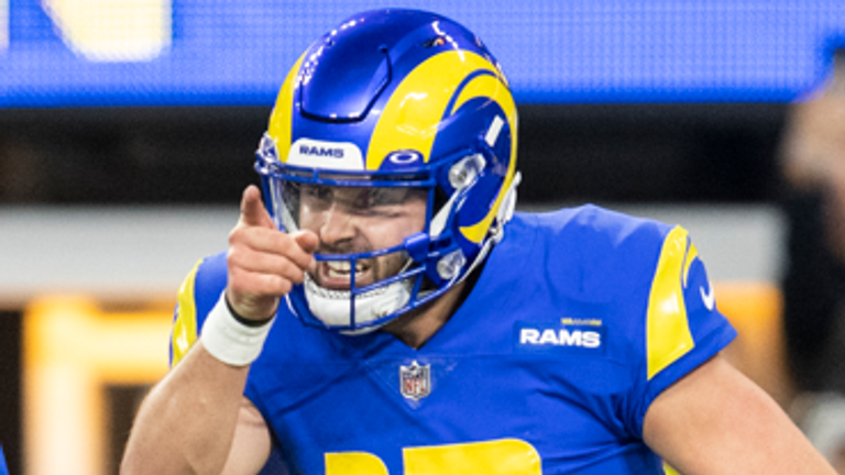 Baker Mayfield celebrates the game-winning touchdown for the Los Angeles Rams
