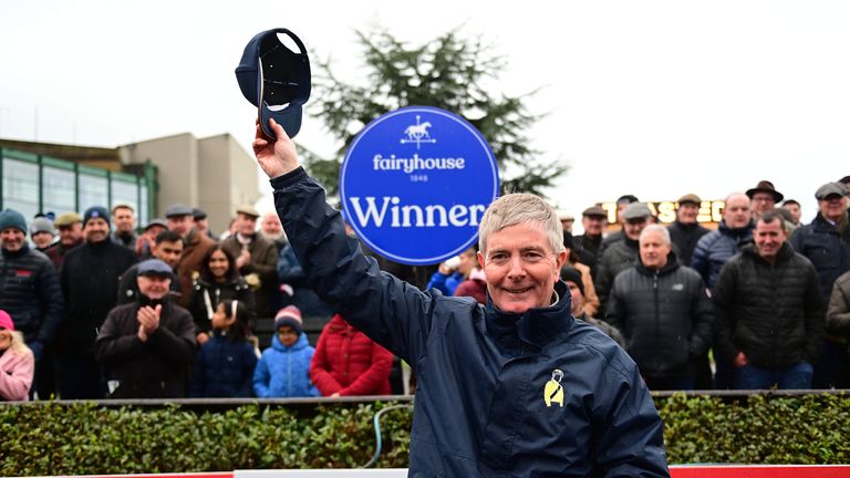 Marine Nationale&#39;s owner & trainer Barry Connell celebrates after victory in the Royal Bond