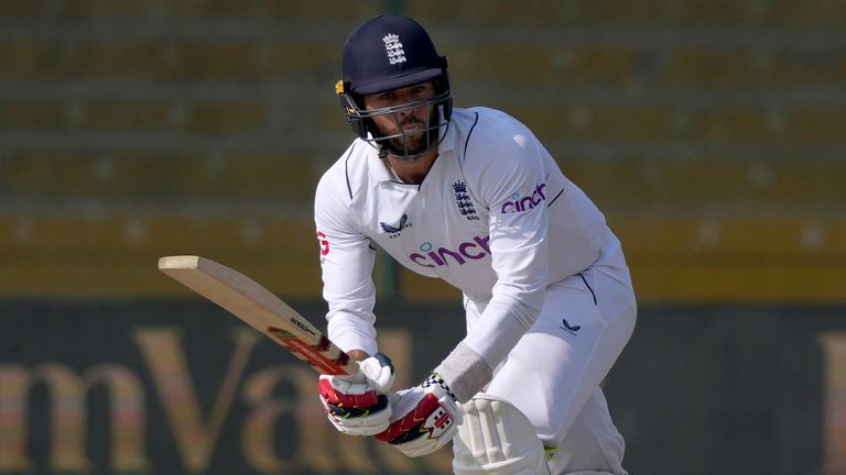 England's Ben Foakes plays a shot during the second day of third test cricket match between England and Pakistan, in Karachi, Pakistan, Sunday, Dec. 18, 2022. (AP Photo/Fareed Khan)