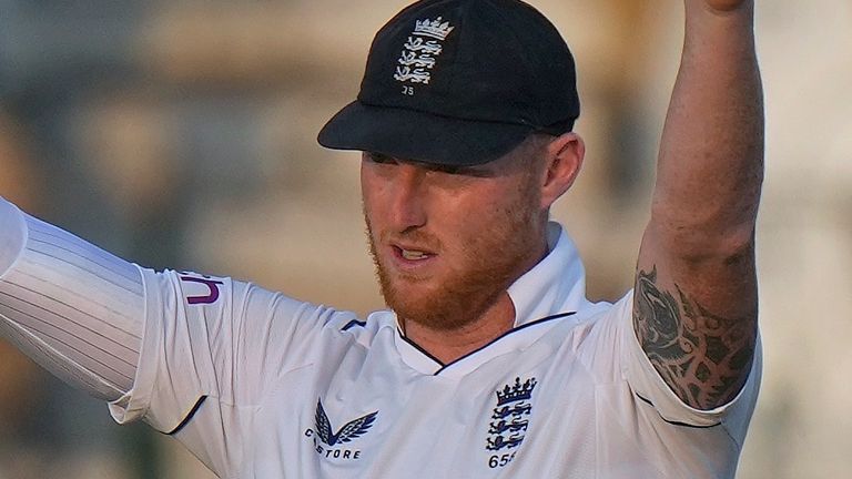 England's Ben Stokes gestures during the third day of the second test cricket match between Pakistan and England, in Multan, Pakistan, Sunday, Dec. 11, 2022. (AP Photo/Anjum Naveed)