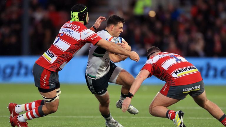 London Irish's Ben White tackled by Gloucester Rugby's Matias Alemanno and Harry Elrington (Photo:  Bradley Collyer/PA Wire/PA Images)