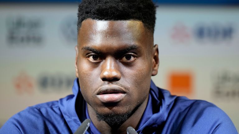 French soccer player Benoit Badiashile attends a press conference of the French national soccer team at Clairefontaine training center, south of Paris, France, Monday, Sept. 19, 2022. (AP Photo/Francois Mori)