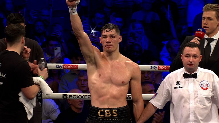 Chris Billam-Smith hand raise after victory for Armend Xhoxhaj 