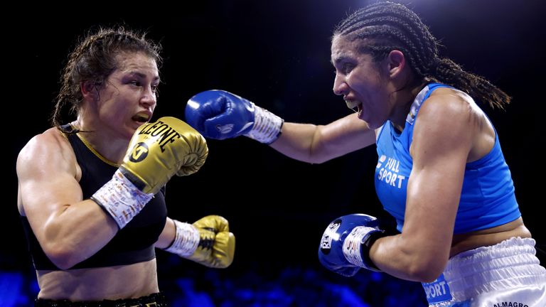 Katie Taylor (left) in action against Karen Carabajal during their Undisputed Lightweight World Title fight