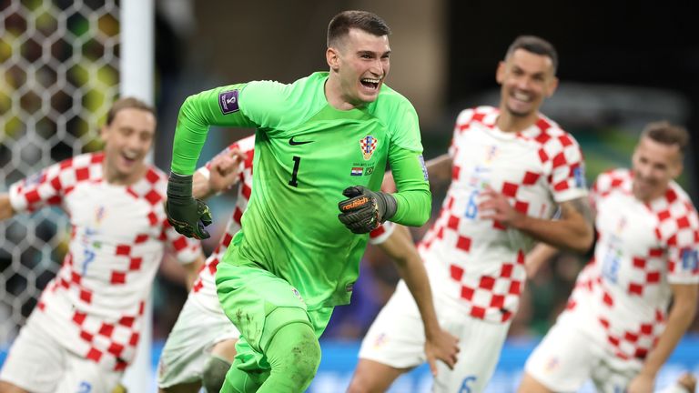 Dominik Livakovicは、クロアチアが試合でブラジルを破り、お祝いを始めます。