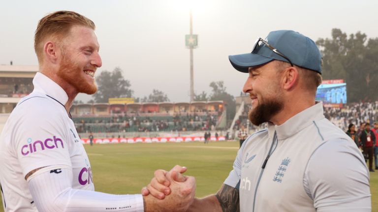 Ben Stokes and Brendon McCullum celebrate following England&#39;s stunning first Test win over Pakistan