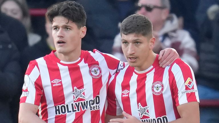 Vitaly Janelt celebrates his goal with Brentford team-mate Christian Norgaard