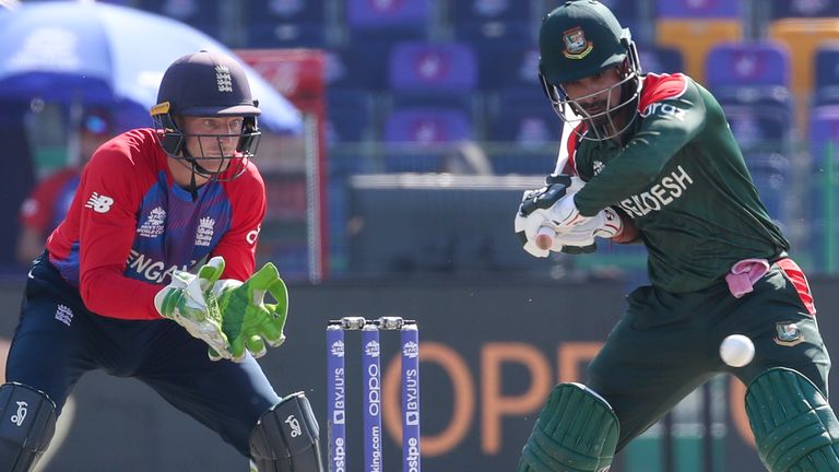 Bangladesh's Liton Das bats during the Cricket Twenty20 World Cup match between England and Bangladesh in Abu Dhabi, UAE, Wednesday, Oct. 27, 2021. (AP Photo/Aijaz Rahi )