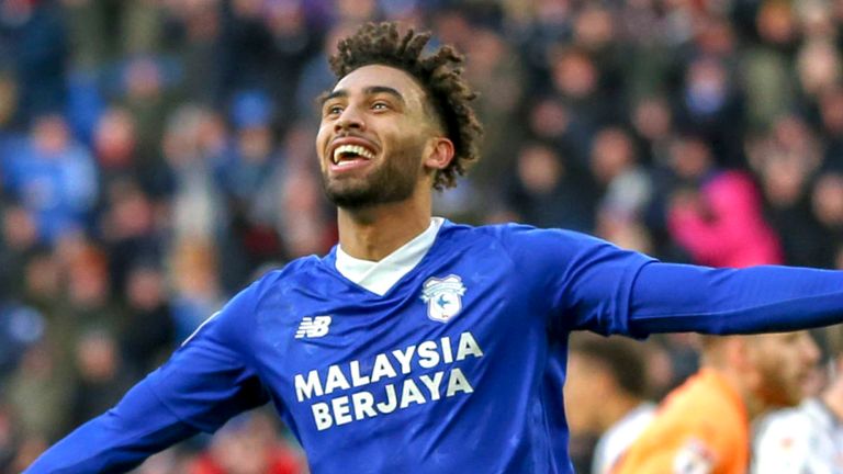 Kion Etete celebrates after opening the scoring in Cardiff's clash with  Blackpool