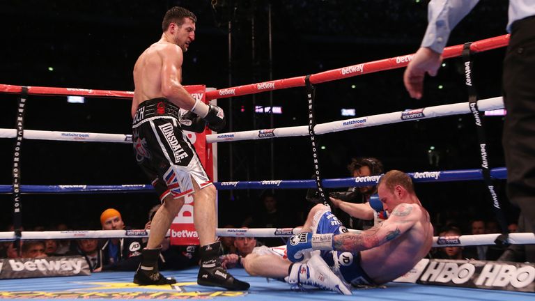 Boxing - IBF and WBA World Super Middleweight Title - Carl Froch v George Groves - Wembley Stadium
Carl Froch knocks down George Groves to win the IBF and WBA World Super Middleweight Title fight at Wembley Stadium, London.