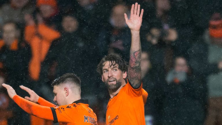 DUNDEE, SCOTLAND - DECEMBER 28: Charlie Mulgrew celebrates his goal to make it 2-0 Dundee Utd during a cinch Premiership match between Dundee United and Ross County at Tannadice Park, on December 28, 2022, in Dundee, Scotland.  (Photo by Mark Scates / SNS Group)