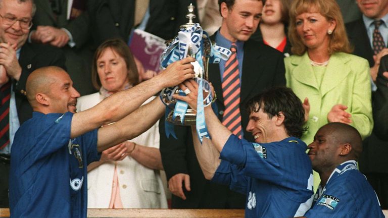 Gianluca Vialli and Gianfranco Zola lift the FA Cup in 1997