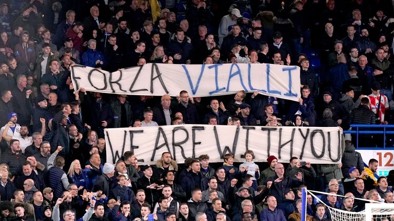 Fans in the stands hold up banners for former Chelsea manager Gianluca Vialli prior to the beginning of the Carabao Cup, Fourth Round match at Stamford Bridge, London. PA Photo. Picture date: Wednesday October 30, 2019. See PA story SOCCER Chelsea. Photo credit should read: John Walton/PA Wire. RESTRICTIONS: EDITORIAL USE ONLY No use with unauthorised audio, video, data, fixture lists, club/league logos or "live" services. Online in-match use limited to 120 images, no video emulation. No use in betting, games or single club/league/player publications.