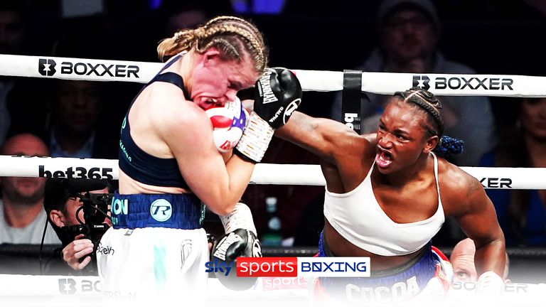 Claressa Shields (right) strikes Savannah Marshall during the Undisputed World Middleweight Titles bout at The O2