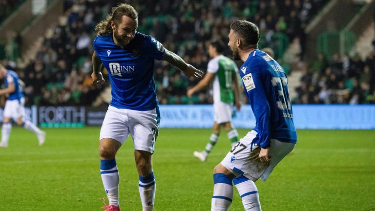 St Johnstone's Stevie May celebrates with Nicky Clark 