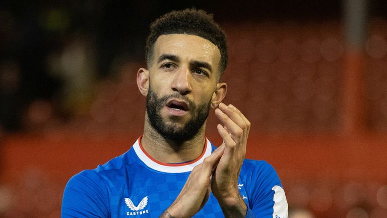 ABERDEEN, SCOTLAND - DECEMBER 20: Rangers&#39; Connor Goldson applauds the away fans at full time during a cinch Premiership match between Aberdeen and Rangers at Pittodrie, on December 20, 2022, in Aberdeen, Scotland.  (Photo by Craig Williamson / SNS Group)