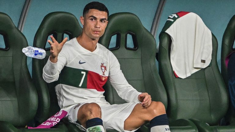 Cristiano Ronaldo is on the bench after being substituted
