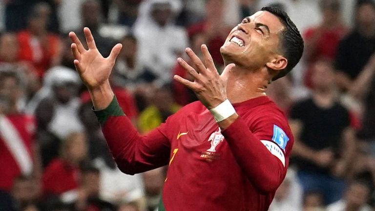 Cristiano Ronaldo reacts after trying to rule out offside