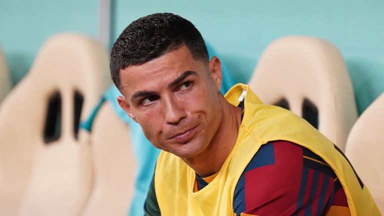 DOHA, QATAR - DECEMBER 6: Player of Portugal Cristiano Ronaldo reacts during the FIFA World Cup Qatar 2022 Round of 16 match between Portugal and Switzerland on December 6, 2022, at Lusail Stadium in Lusail, Qatar. (Photo by Florencia Tan Jun/PxImages/Icon Sportswire) (Icon Sportswire via AP Images)