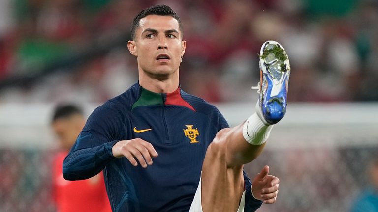 Cristiano Ronaldo warms up before Portugal vs Morocco