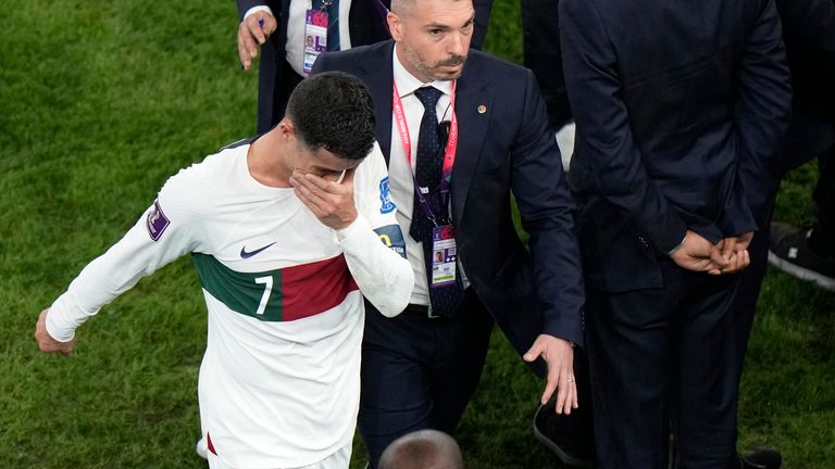 Cristiano Ronaldo leaves the pitch in tears after Portugal&#39;s 1-0 loss to Morocco