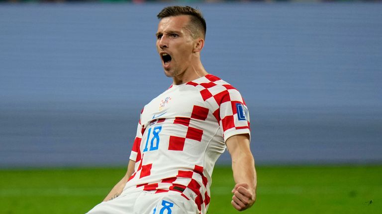 Mislav Orsic celebrates after giving Croatia a 2-1 lead against Morocco