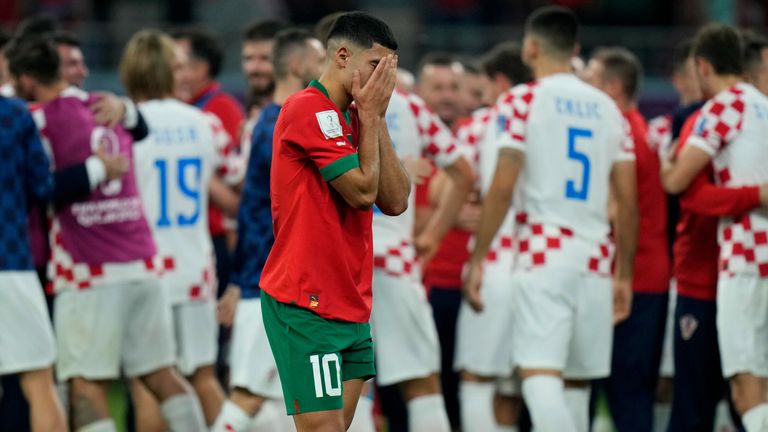 Anass Zaroury shows his disappointment after Morocco's defeat by Croatia in the World Cup third-place play-off