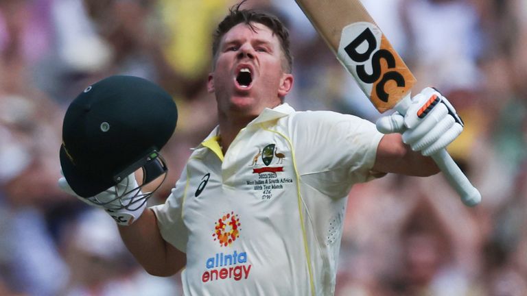 Australia's David Warner celebrates after scoring 200 runs against South Africa (Associated Press)
