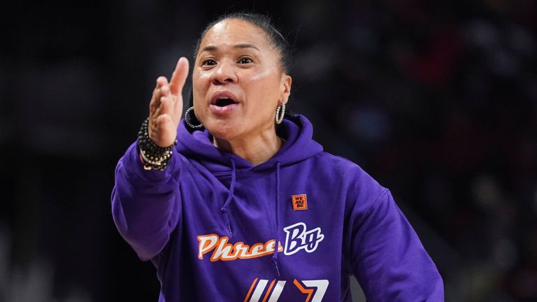 South Carolina head coach Dawn Staley communicates with players during the second half of an NCAA college basketball game against Memphis Saturday, Dec. 3, 2022, in Columbia, S.C. South Carolina won 79-54.(AP Photo/Sean Rayford)