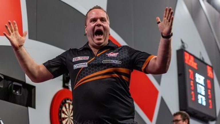 Dirk van Duijvenbode celebrates winning his match against Ross Smith during day twelve of the Cazoo World Darts Championship at Alexandra Palace, London. Picture date: Thursday December 29, 2022.