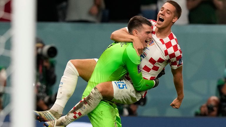 Mario Pasalic celebrates with Croatia goalkeeper Dominik Livakovic
