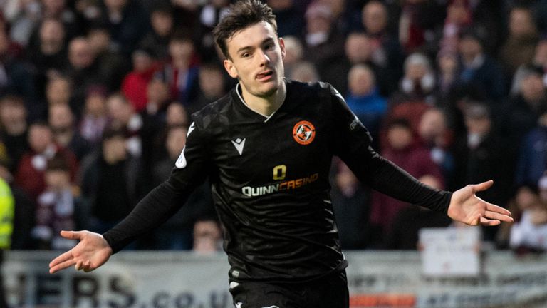 Dundee United&#39;s Dylan Levitt celebrates scoring to make it 2-1 vs Hearts