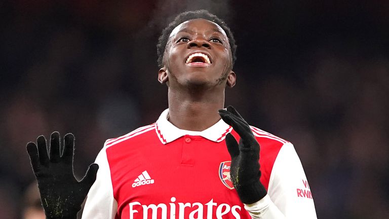 Arsenal's Eddie Nketiah reacts after his side's first goal of the game is ruled out for offside during a friendly match at Emirates Stadium, London. Picture date: Saturday December 17, 2022.