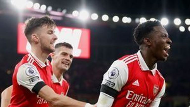 Eddie Nketiah celebrates after putting Arsenal 3-1 up against West Ham