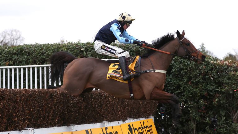 Edwardstone crosses the last hurdle on his way to victory at Sandown
