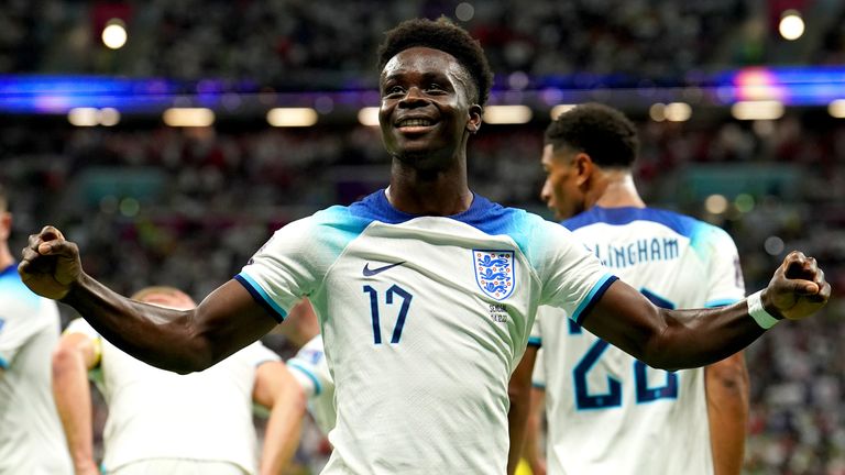 Bukayo Saka celebrates after putting England 3-0 up against Senegal