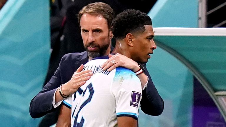 Gareth Southgate hugs Jude Bellingham as the midfielder is substituted