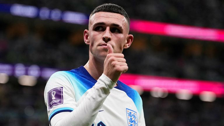 Phil Foden gives a thumbs-up to England supporters as he is substituted