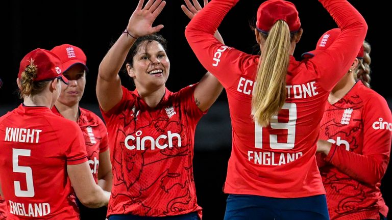 Alice Davidson-Richards celebrates with team-mates against West Indies