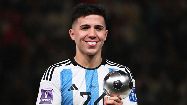 Argentina's Enzo Fernandez poses receives the Young Player award after the FIFA World Cup Final match at Lusail Iconic Stadium in Lusail, Qatar on Dec. 19, 2022. ( The Yomiuri Shimbun via AP Images )