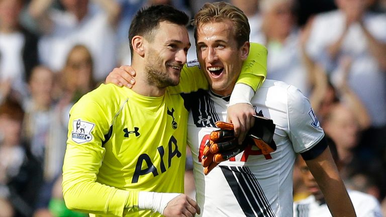 Tottenham Hotspur&#39;s goalkeeper captain Hugo Lloris, left, and Harry Kane celebrate together after the final whistle in their 4-1 win over Manchester City in the English Premier League soccer match between Tottenham Hotspur and Manchester City at White Hart Lane stadium in London, Saturday, Sept. 26, 2015. 