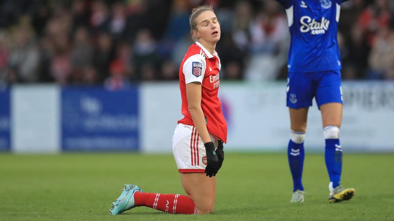 Arsenal&#39;s Vivianne Miedema reacts after being fouled during the Barclays Women&#39;s Super League match at the LV Bet Stadium Meadow Park, Borehamwood.